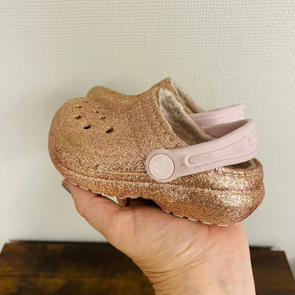 Crocs Classic Lined Clogs Rose Gold Glitter Sparkly Kids Size C7 Glittercore
